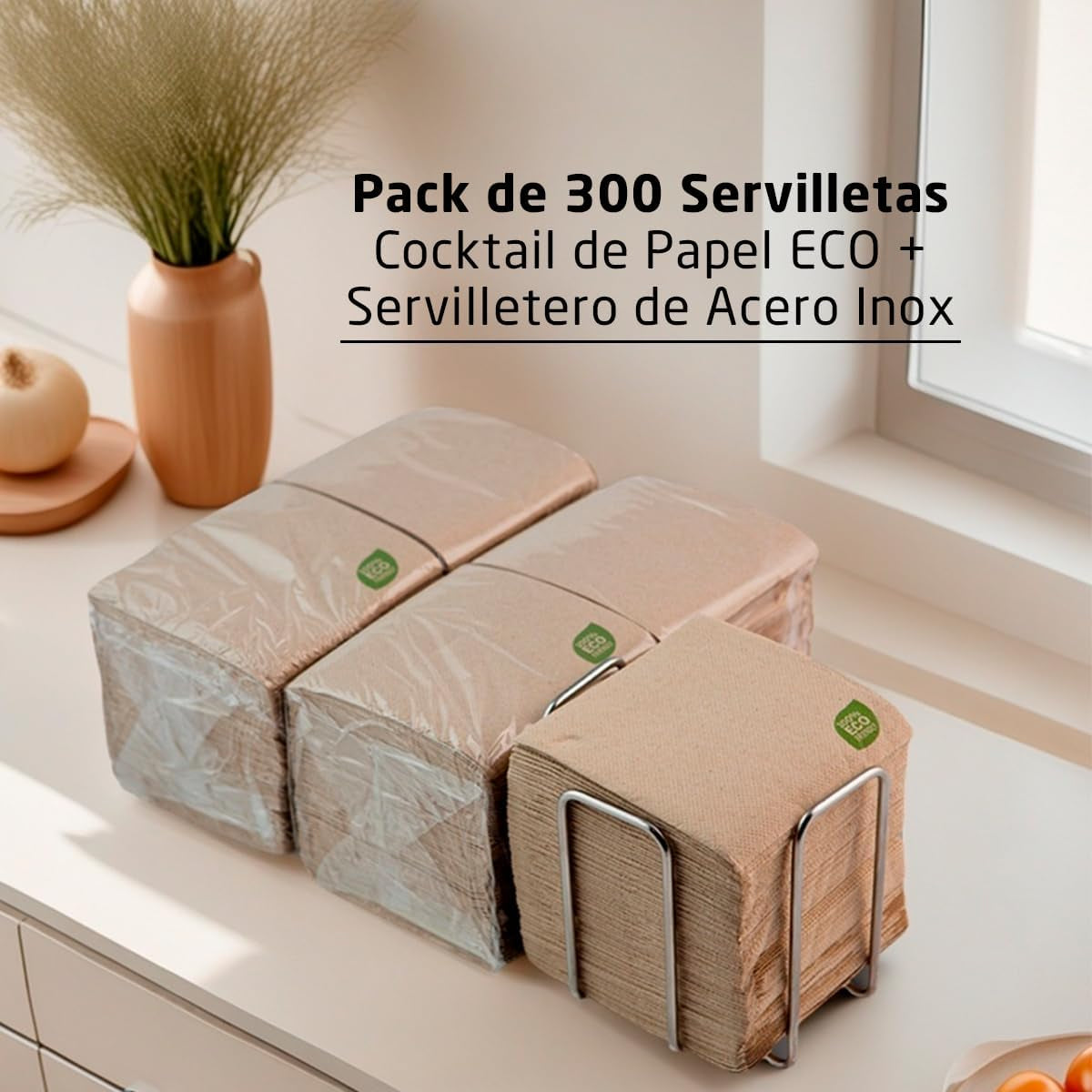 300 Pack Cocktailpappersservetter, 100 % återvinningsbara och biologiskt nedbrytbara, Servetthållare i rostfritt stål, Miljövänliga servetter, 10 X 10 cm, vikt.