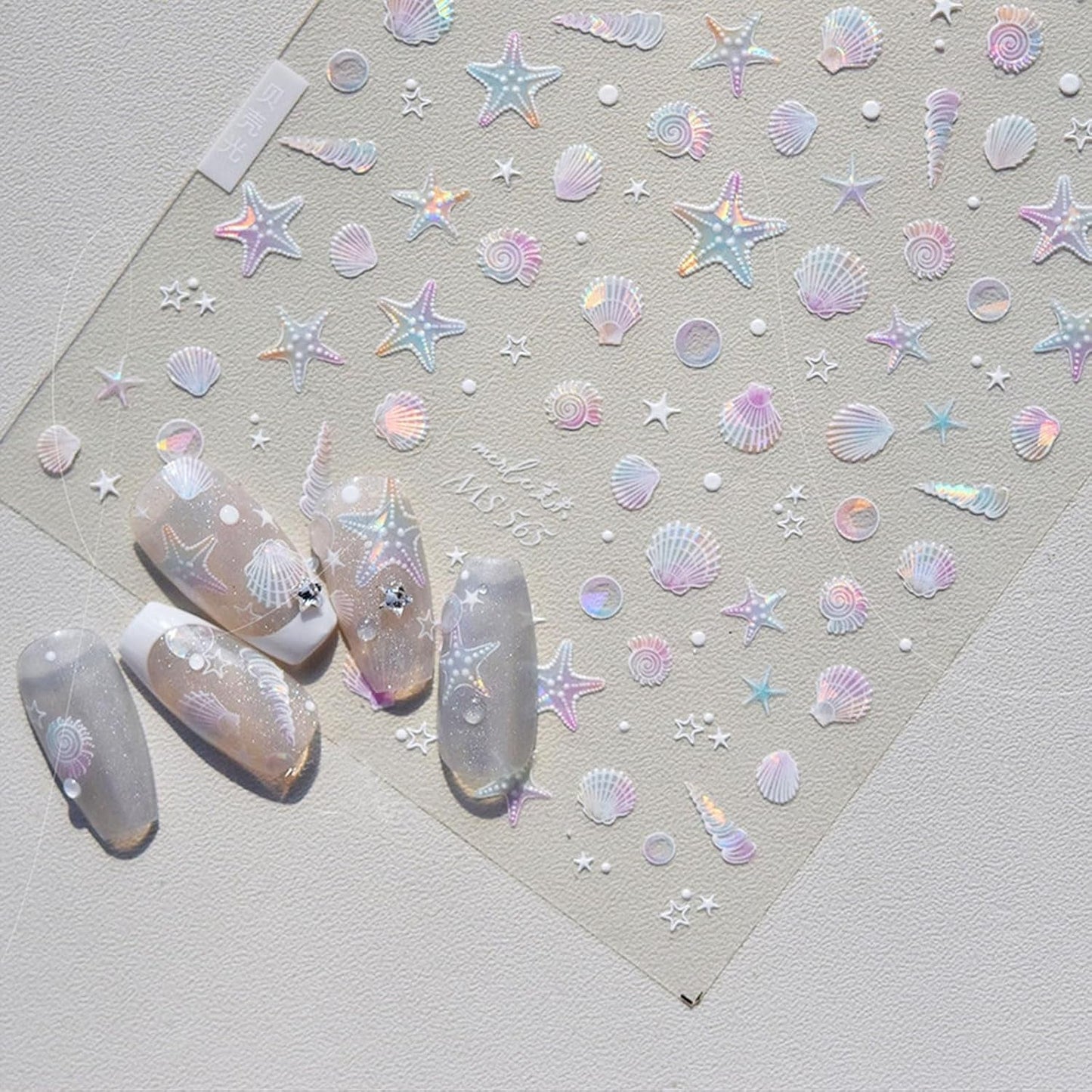 JMEOWIO 3D Nagelsticker Aurora Muschel Seestern Nail Art Sticker Selbstklebend Nagelaufkleber 5D Stereoskopisk Ozean Thema Dekoration Nageldesign Zubehör 1 Blatt
