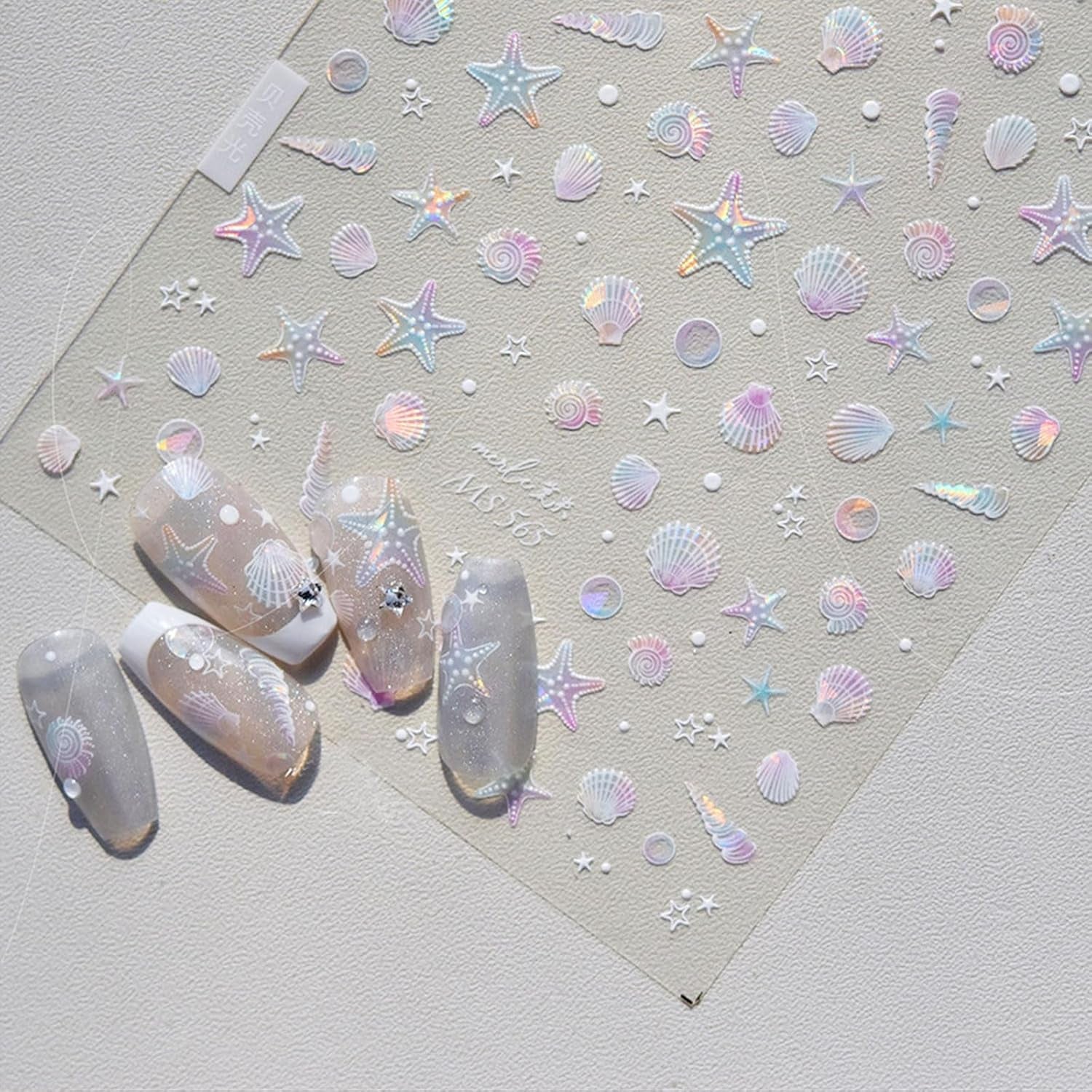 JMEOWIO 3D Nagelsticker Aurora Muschel Seestern Nail Art Sticker Selbstklebend Nagelaufkleber 5D Stereoskopisk Ozean Thema Dekoration Nageldesign Zubehör 1 Blatt