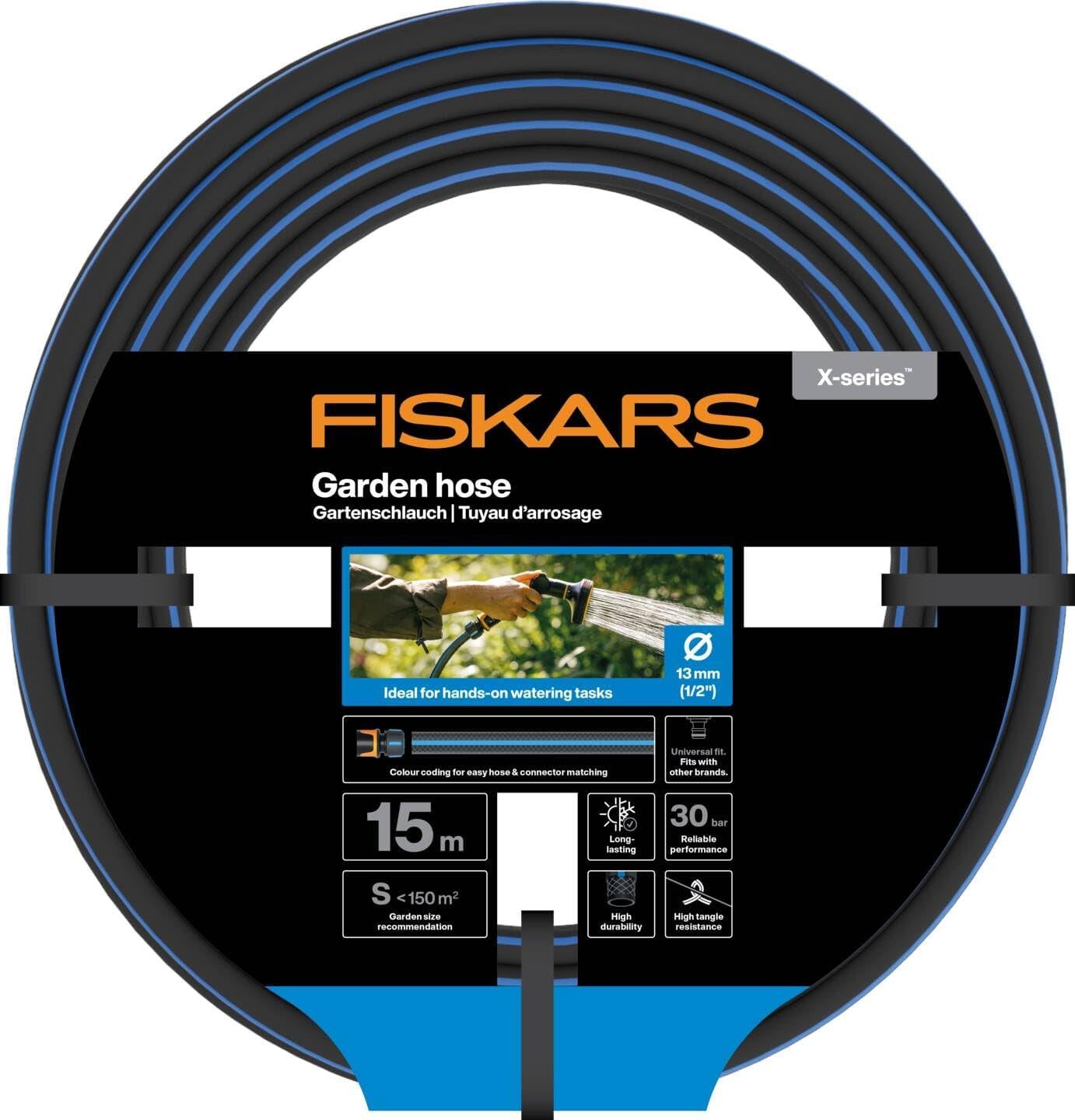 Fiskars S Trädgårdsslang, Serie X, Vattenslang för manuell bevattning, 13mm (1/2"), Längd: 15m, Universalanslutning, UV-skydd, Frostskydd, Vridbeständig, Blå, 1076044