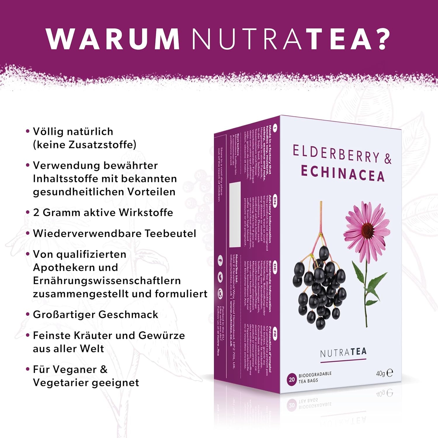 Nutra-te fläderbär & echinacea, immunitets- och förkylningste, immunstödste, kallkamp, ​​20 återanvändbara tepåsar, naturligt örtte