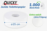 Quicky Jumbo 2-lagers toalettpapper, 25 cm Ø, ljus vit, präglad med fina prickar, 6 rullar - absorberande och rivtåligt för maximal hygien, perfekt för offentliga institutioner och industri