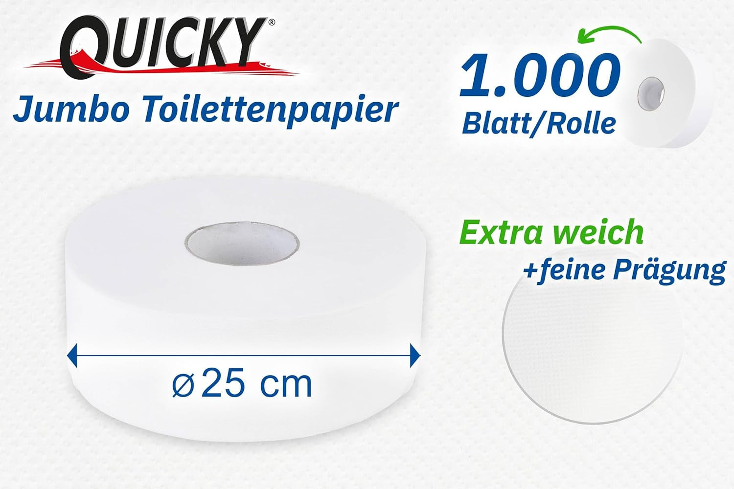 Quicky Jumbo 2-lagers toalettpapper, 25 cm Ø, ljus vit, präglad med fina prickar, 6 rullar - absorberande och rivtåligt för maximal hygien, perfekt för offentliga institutioner och industri