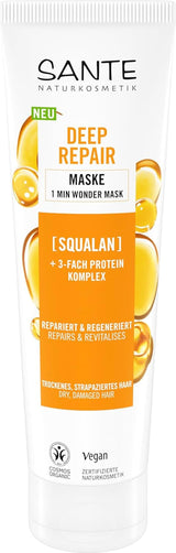 SANTE Natural Cosmetics Deep Repair Mask Squalane + 3x proteinkomplex, vegansk hårmask för intensiv återfuktning och flexibelt hår, reparerar och regenererar skadat hår, 150 ml Naty Shop Hair Mask Standardtitel