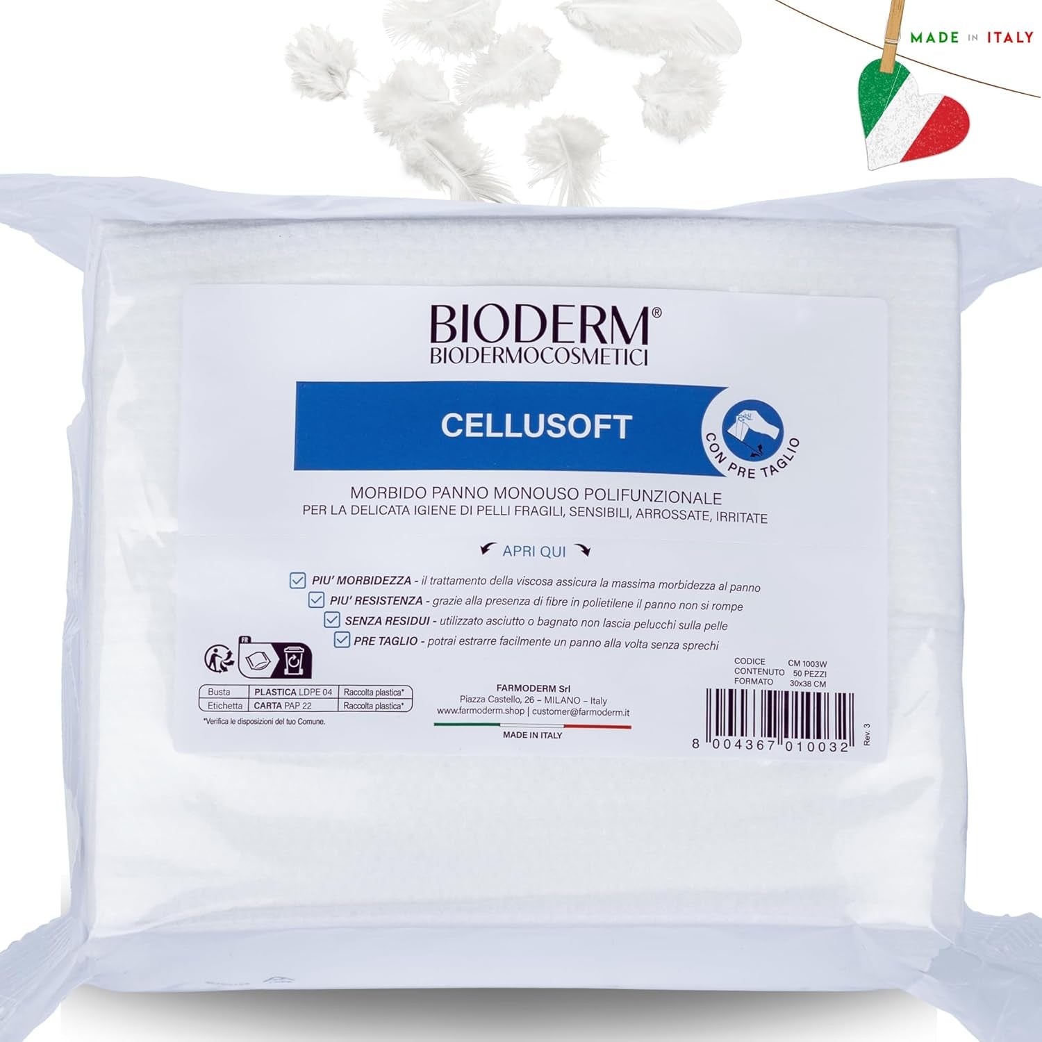BIODERM Cellusoft - mjuka, multifunktionella våtservetter av viskos och polyester för engångsbruk - multifunktionella våtservetter för den känsliga hygienen av känslig och rodnad hud hos äldre och barn - 30 x 38 cm (50)