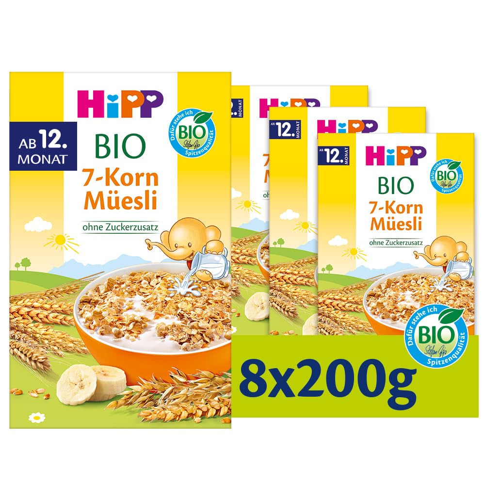 HiPP ekologisk müsli med 7 grains (8 x 200g), från 12 månader, inget tillsatt socker, extra fina bitar - lätt att tugga, bästa ekologiska kvalitet