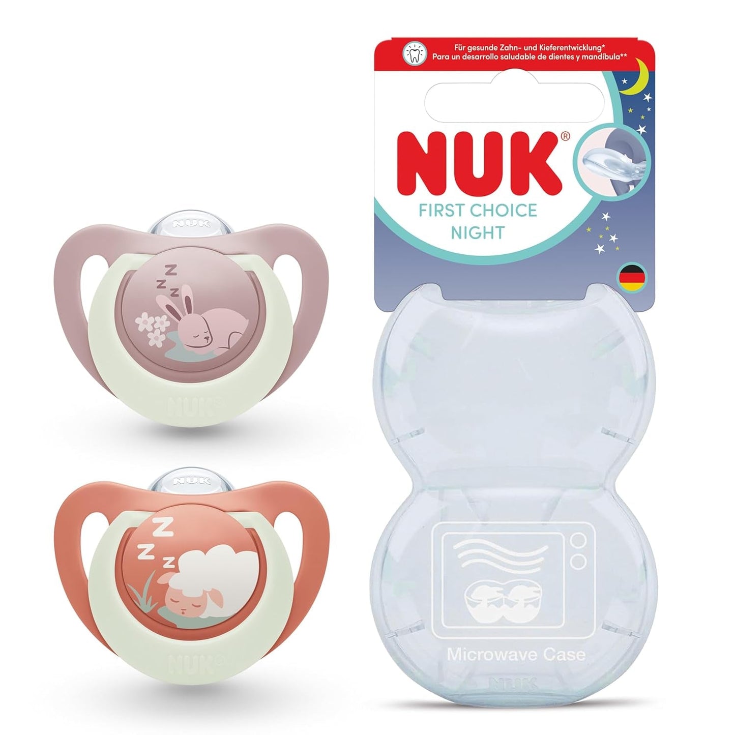 NUK First Choice Nattnapp för bebisar | 6-18 månader | Ortodontiska nappar som lyser i mörkret | Lugnar 99 % av barnen** | Kanin/får | Pack 0-2