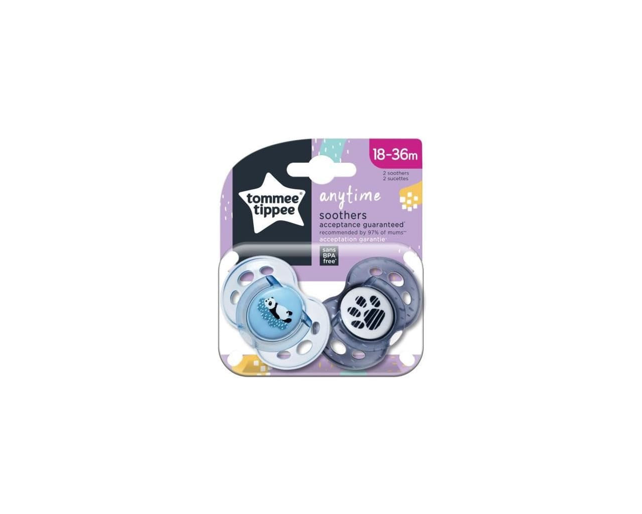 Tommee Tippee Anytime-napp, symmetrisk ortodontisk form, BPA-fri silikon, 18-36 månader, 2-pack, flerfärgad