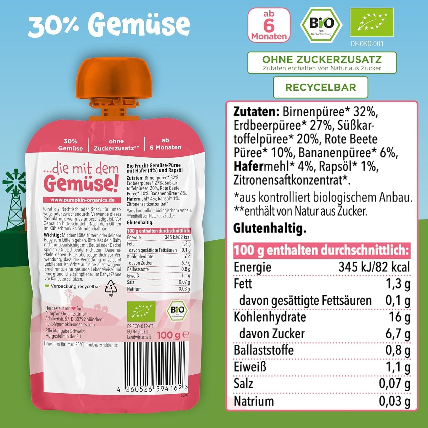 Pumpkin Organics-påsar med ekologiska grönsaker och flingor, 8-pack: Päron, Jordgubbar, Sötpotatis, Rödbetor, Banan, Havre - Inget tillsatt socker¹ - Från 6 månader - som mellanmål eller kompletterande mat i förpackningen (8 x 100g)