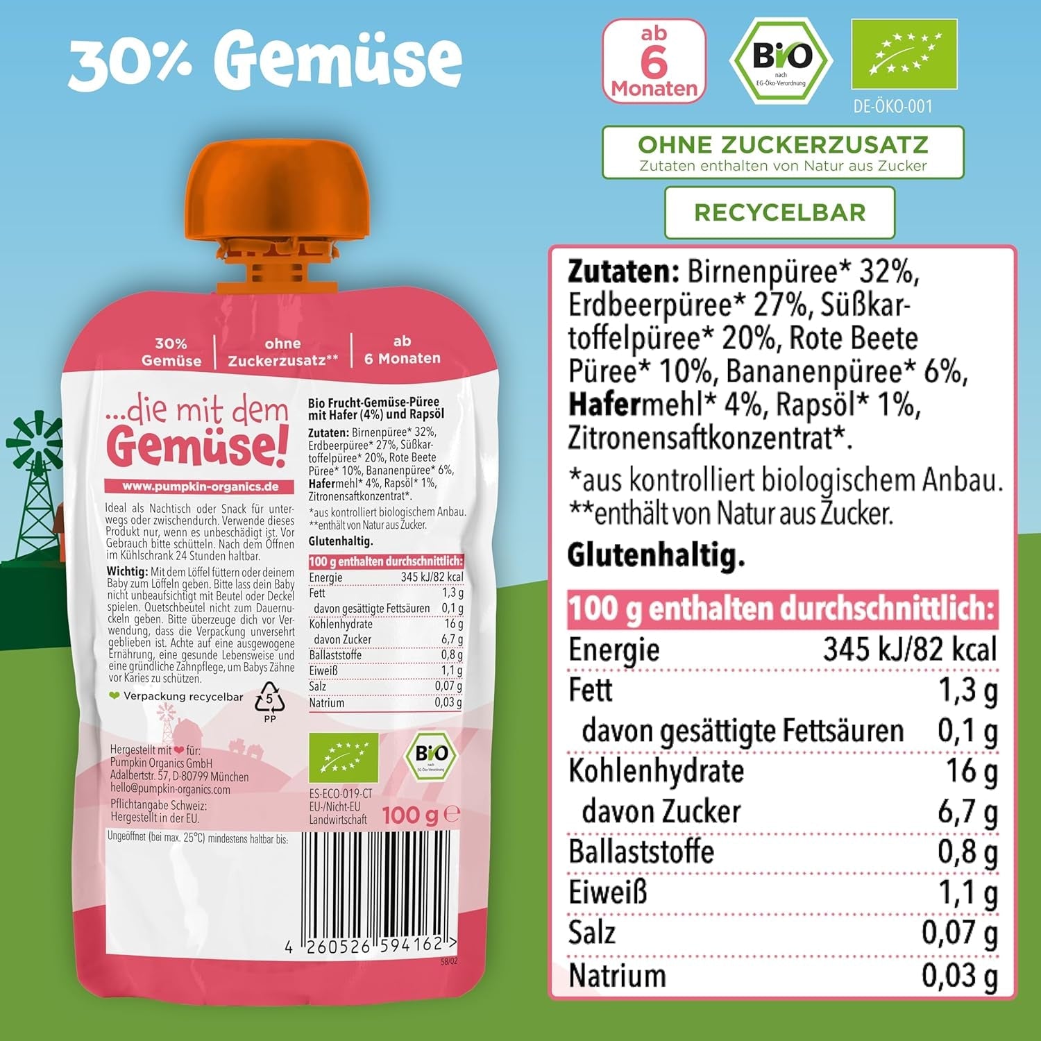 Pumpkin Organics-påsar med ekologiska grönsaker och flingor, 8-pack: Päron, Jordgubbar, Sötpotatis, Rödbetor, Banan, Havre - Inget tillsatt socker¹ - Från 6 månader - som mellanmål eller kompletterande mat i förpackningen (8 x 100g)