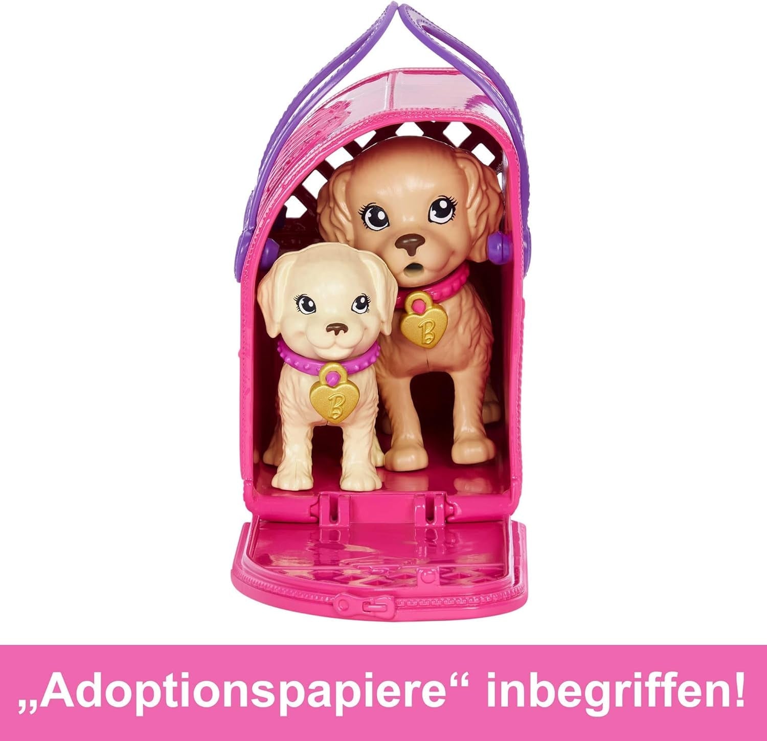 Adoption Barbie Puppy - Docka och 2 valpar, med adoptionscertifikat, färgbyteseffekt, bur och tillbehör, för barn från 3 år och uppåt, 86 HKD