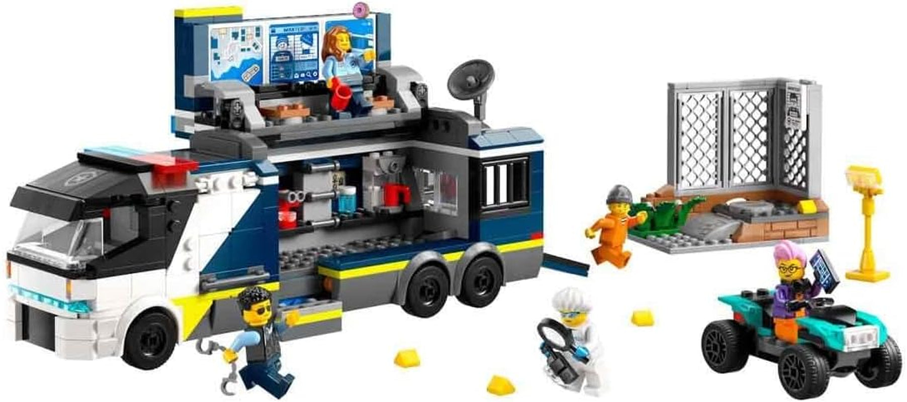 LEGO City polisbil med labb, fyrbäddspolisset och leksaksbil för barn, present till pojkar och flickor från 7 år och uppåt, plus 5 minifigurer - 2 poliser, 1 forskare och 2 skurkar 60418 Byggset Beuche den LEGO-Store