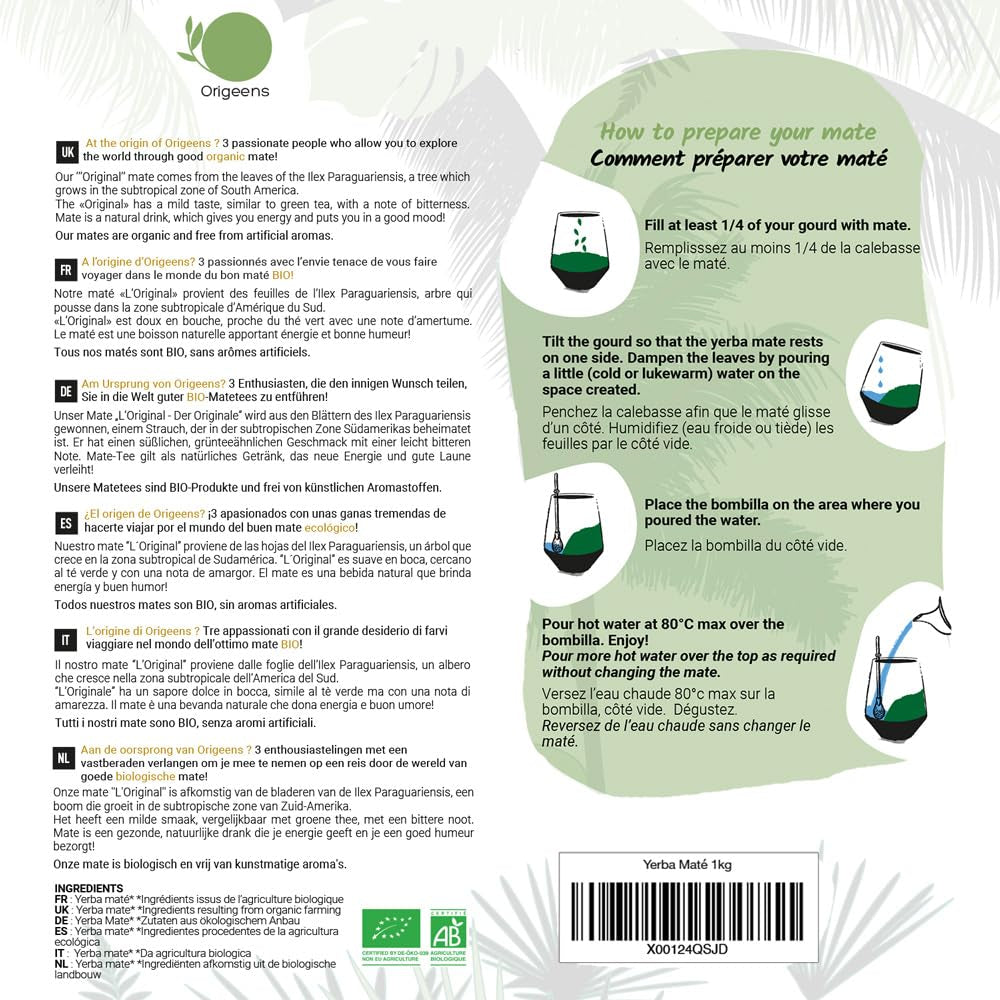 ORIGEENS BIO YERBA MATE TEA 1 KG - The Original I Orostad, blad, utan stjälkar, damm och smulor I Energigivande och avgiftande dryck