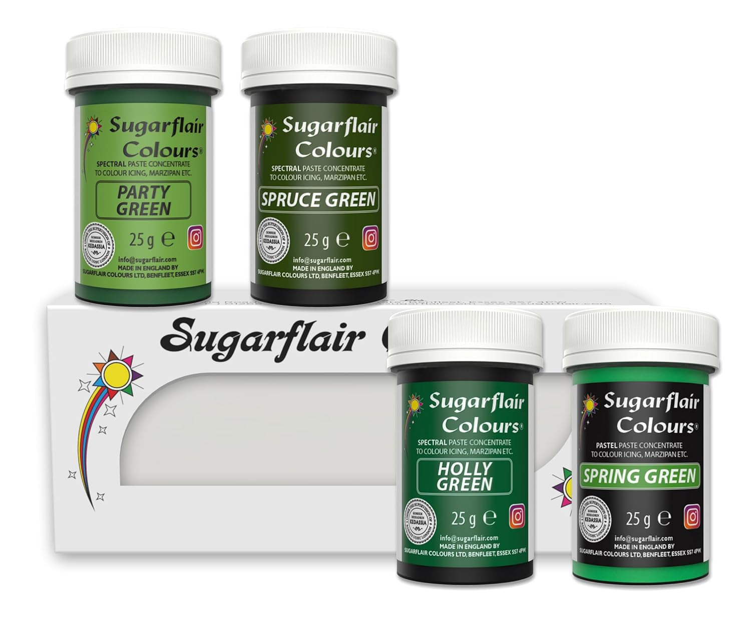 Sugarflair Pasta matfärg, grön, set med 4, matfärg för pasta, fondant, marsipan, sockerpasta, smörkräm och mer: Ilex Green, Spring Green, Spruce Green, Party Green - Set om 4