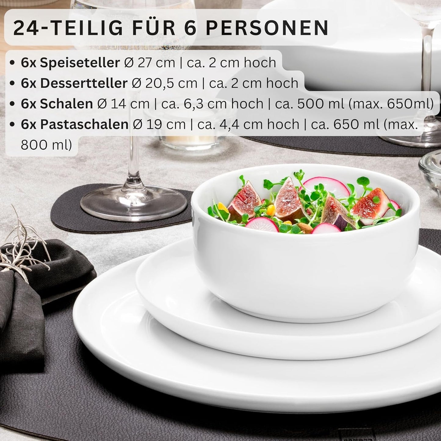 SANGER | Marlo White servisset 24-delat servisset för 6 personer med desserttallrikar, mattallrikar, skålar och spannmålsskålar Porslinsmattallrikset serviser Modern design PREMIUM KOLLEKTION