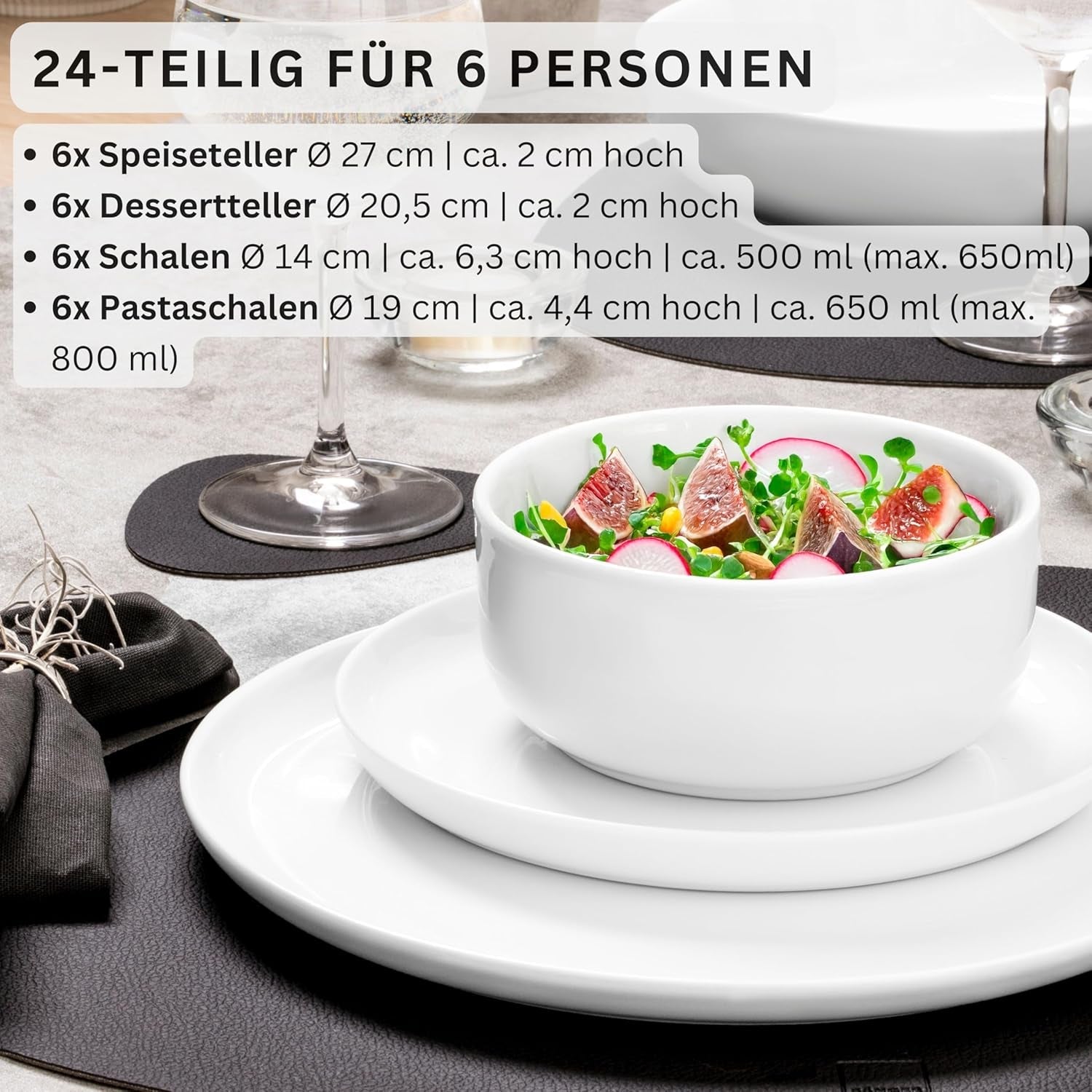 SANGER | Marlo White servisset 24-delat servisset för 6 personer med desserttallrikar, mattallrikar, skålar och spannmålsskålar Porslinsmattallrikset serviser Modern design PREMIUM KOLLEKTION