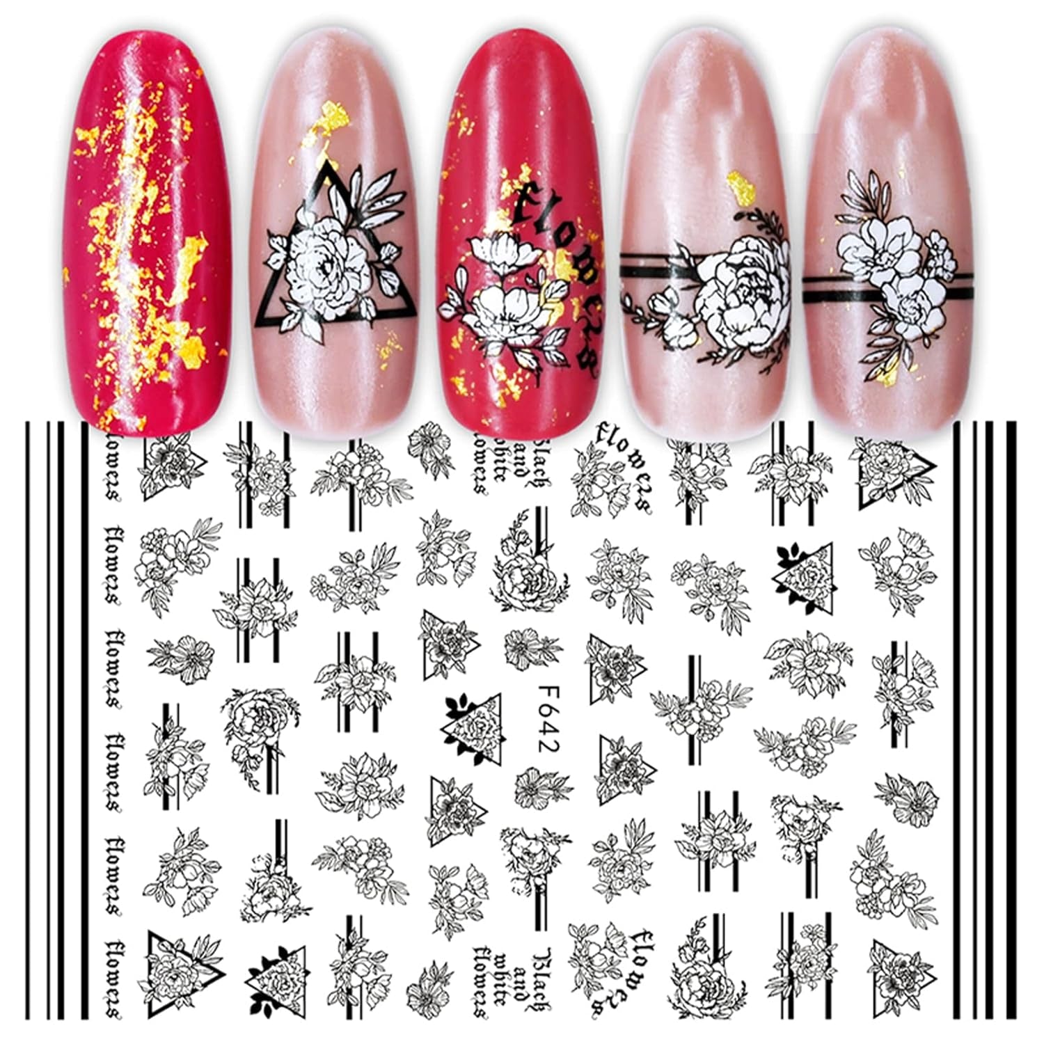 JMEOWIO Nagelsticker Geometrie 10 Blatt Nagelaufkleber Selbstklebend Schwarzes Herz Unregelmäßig Geformt Nagel Art Sticker Dekoration Nageldesign Zubehör