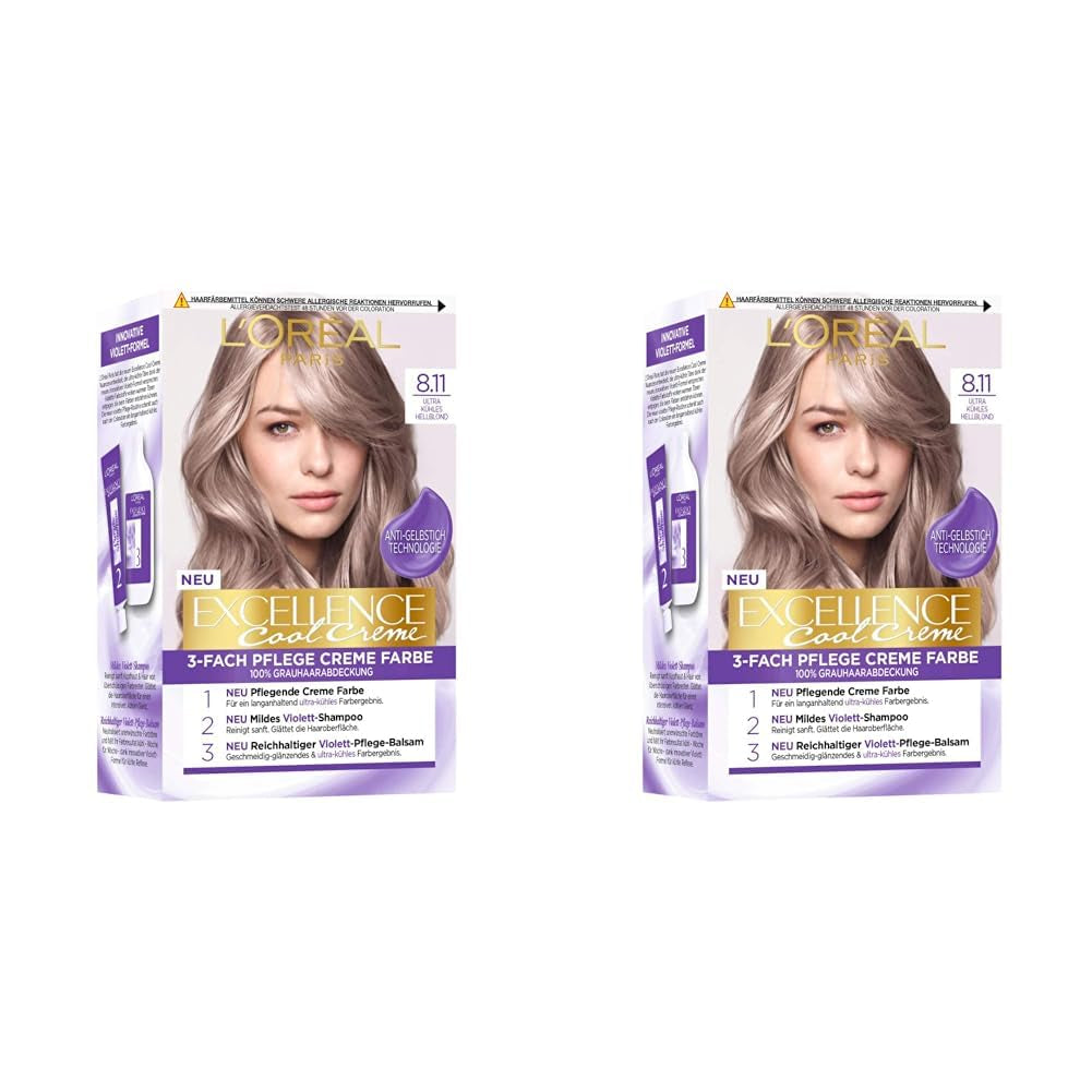 L'Oréal Paris Permanent hårfärgsfärg Resultat, 100 % täckning av grått hår, satt med färg, schampo och vårdkräm, Excellence Cool Creme, nr 8.11 Ultra Cool Ljus Blond (Blond) (2 Pack) Naty Shop Hair Dye Standardtitel