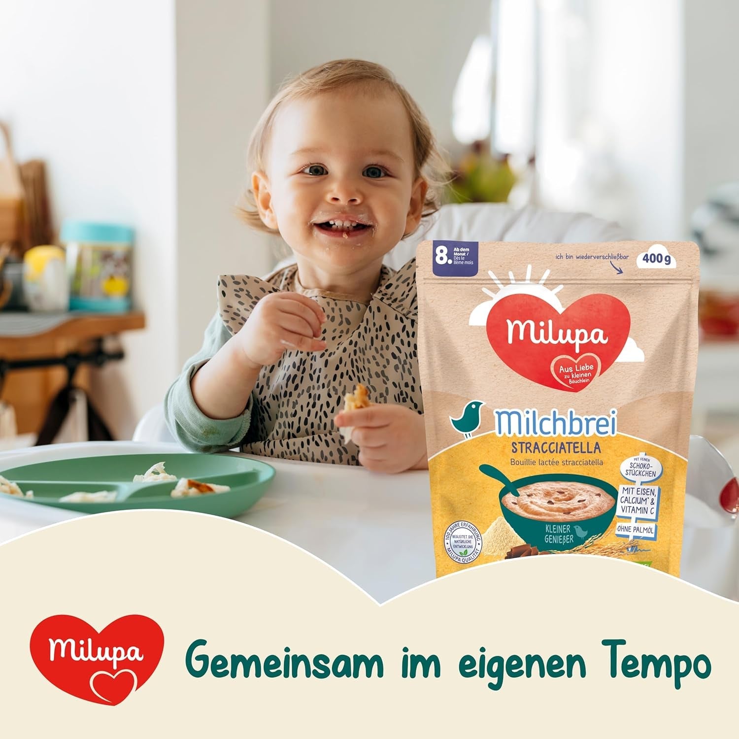 Milupa Stracciatella Mjölkgröt - Glutenfri, palmoljefri babyflingor - Fri från konserveringsmedel och färgämnen - Från 8 månader - 4 x 400 g