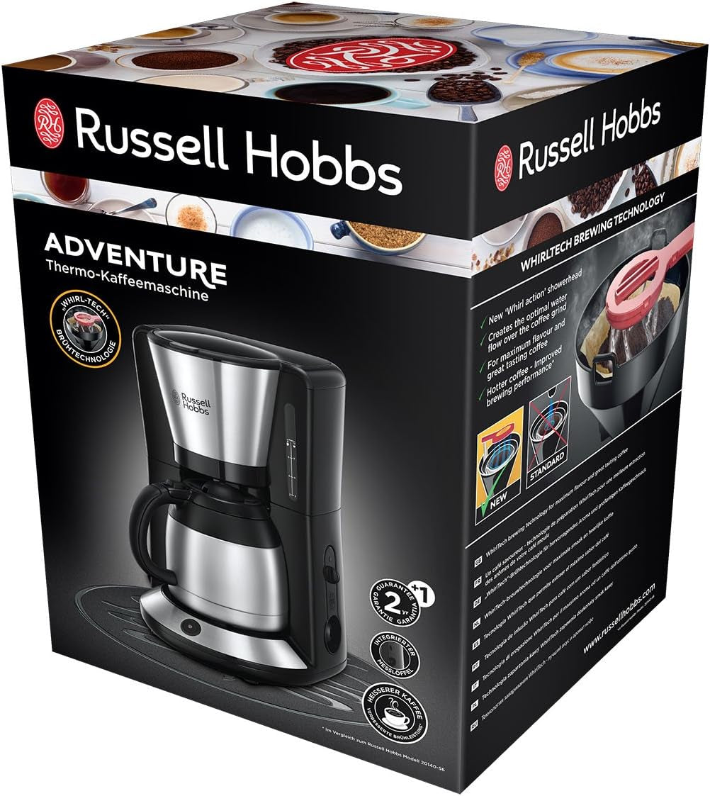 Russell Hobbs kaffebryggare [Duschhuvud för optimal extraktion och arom] Adventure (1 till 8 koppar, 1,0 L termokanna, automatisk avstängning, anti-droppsystem, 1100W) Filterkaffebryggare 24020-56