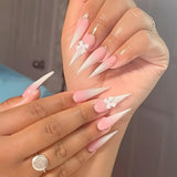 Mouyouglow Långa naglar Stiletto Milky White Gradient Rosa Glitter Coola falska naglar med lim Rosa Ombre Glitter konstgjorda naglar
