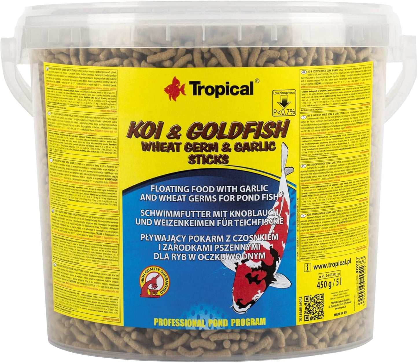 Vetegroddar och vitlöksstavar KOI&Goldfish 5L / 430g - Dammfiskfoder för daglig utfodring av koifisk i ett brett temperaturområde från 8 till 30°C