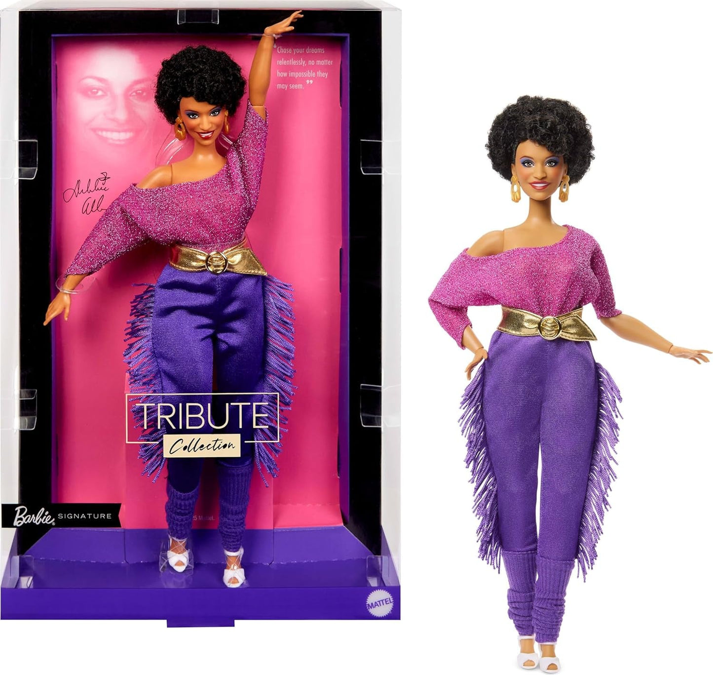Barbie Signature Debbie Allen Tribute Collection Doll i off Shoulder-topp, guldbälte och lila fransbyxor och leggings, JBJ24