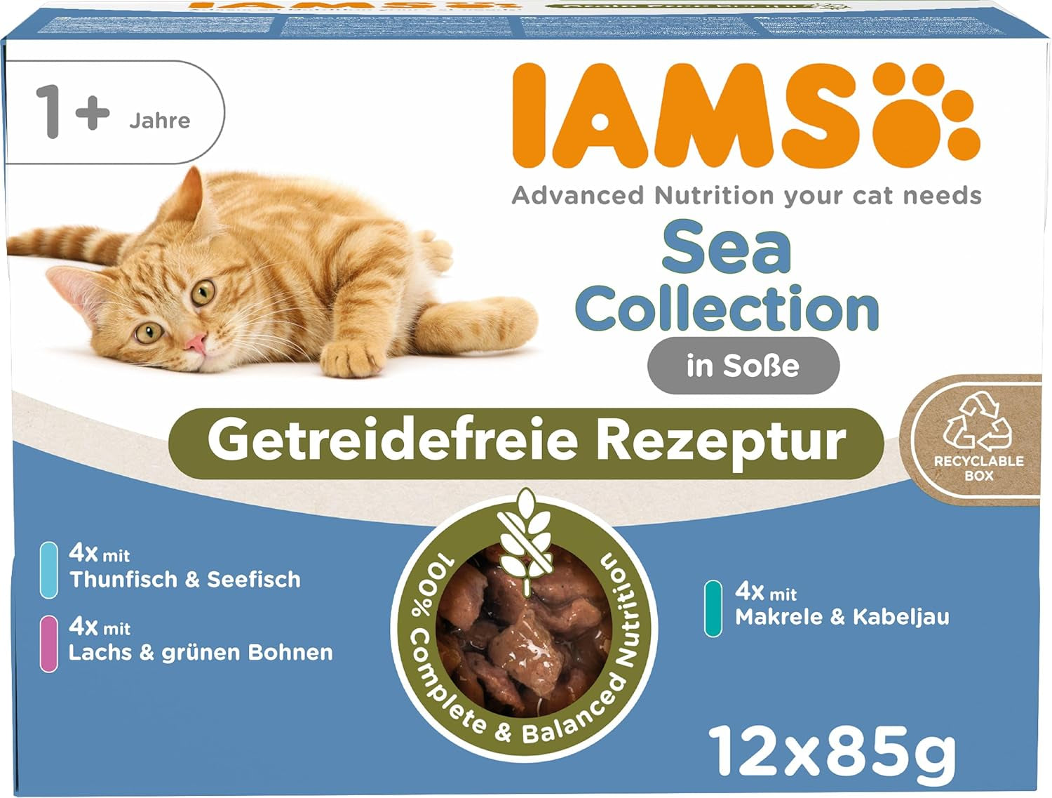 IAMS Delights Sea Collection Spannmålsfritt våtmat för katter - Multipack med olika fisk i sås, spannmålsfritt våtfoder för katter från 1 år, 12 x 85g