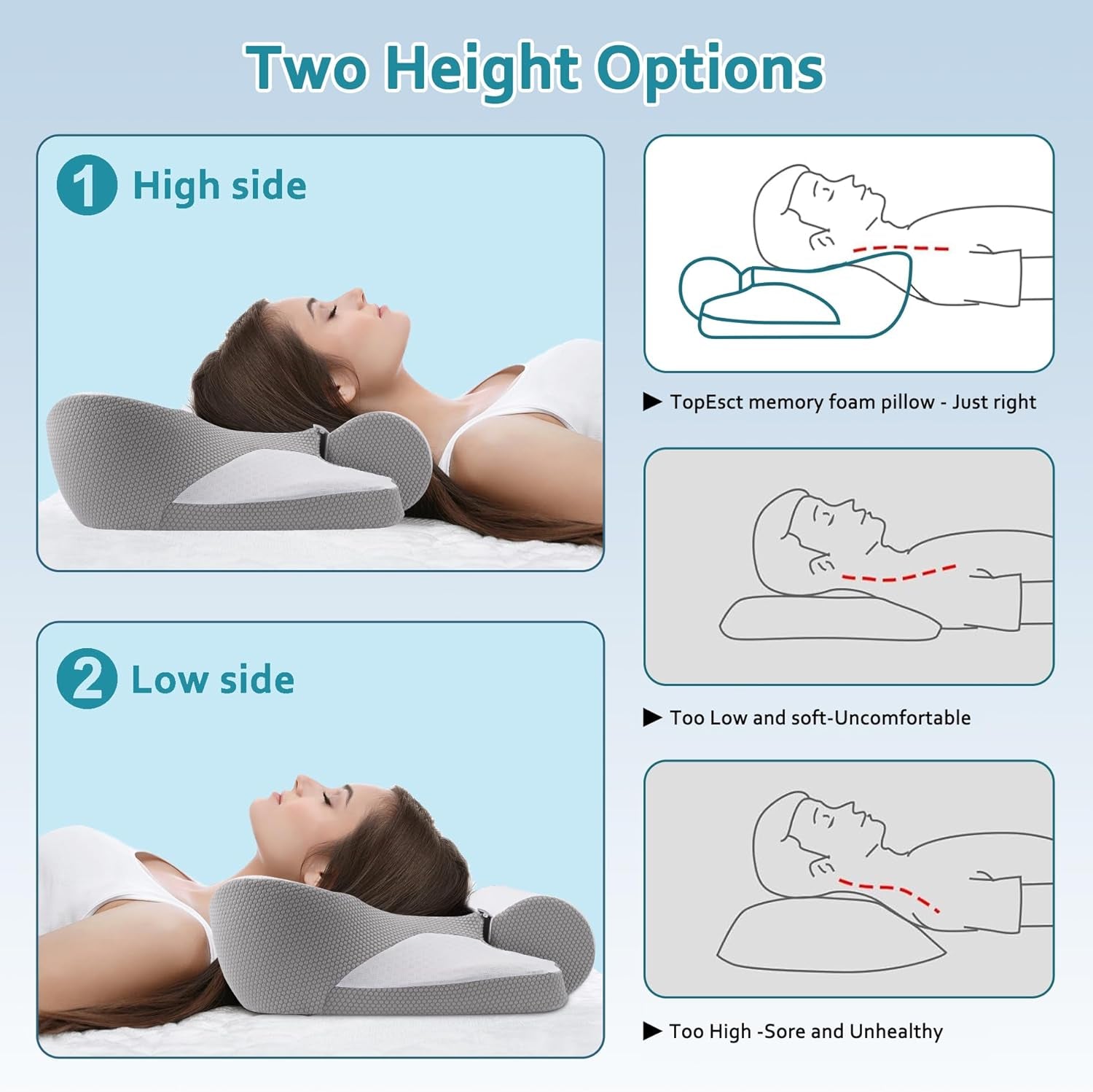 TopEsct Memory Foam kudde, sidosömnskudde, nackkudde, huvudkudde för sidosliprar (grå)