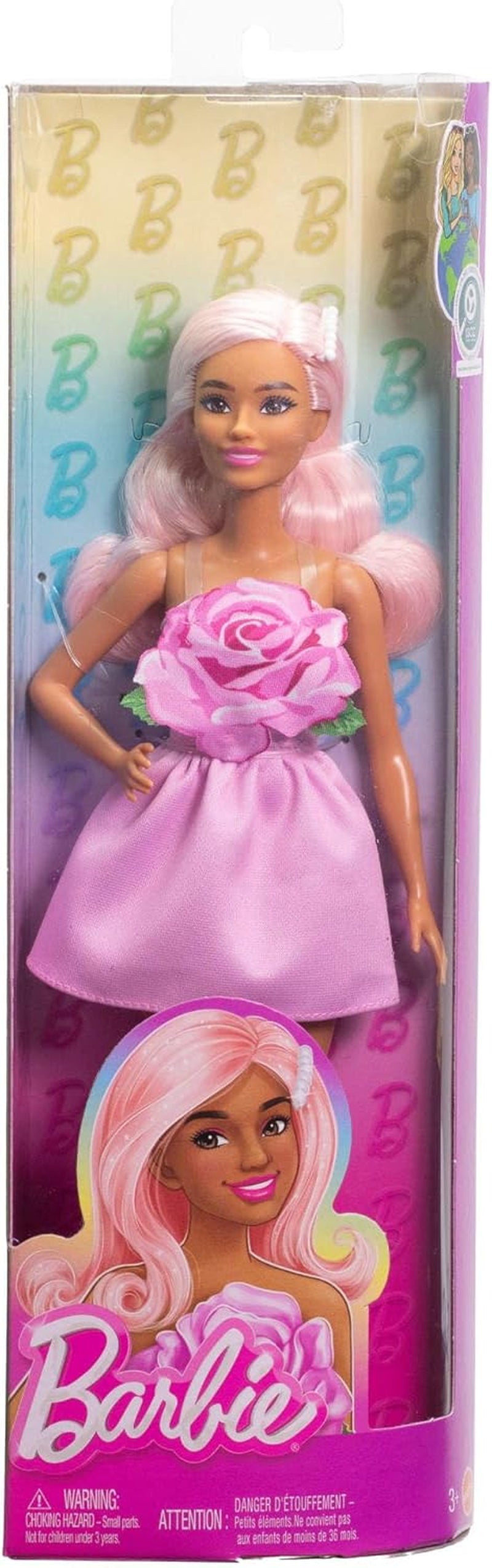 Barbie Fashionistas docka nr. 238 med pastellrosa hår, axelbandslös klänning med rosa livstycke, pärlhårklämma och höga klackar och hårspännen, HYT94