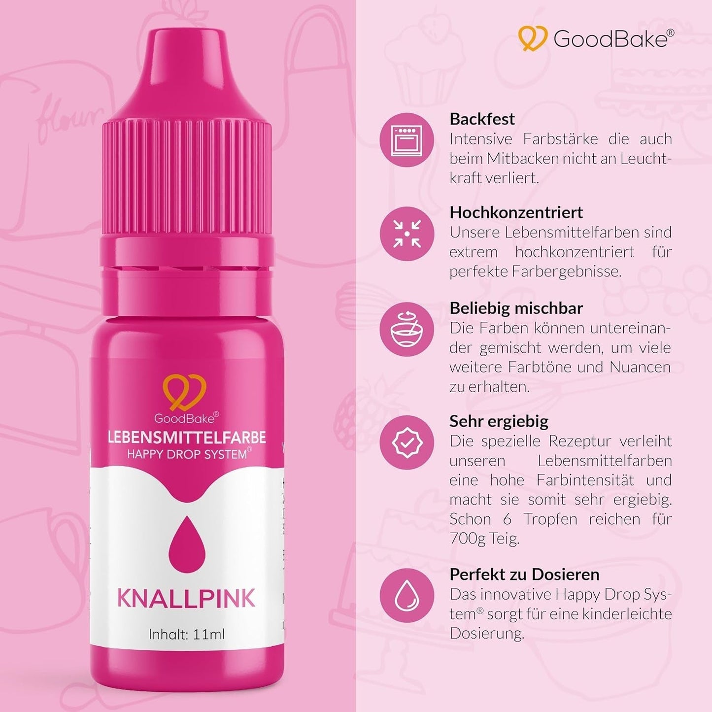 Goodbake Pink Food Coloring (11ml) - Intensiv matfärgning - Mycket koncentrerad färg - För färgning av kakor, fondant, smörkräm, drycker, slime och många andra föremål. 100% vegan