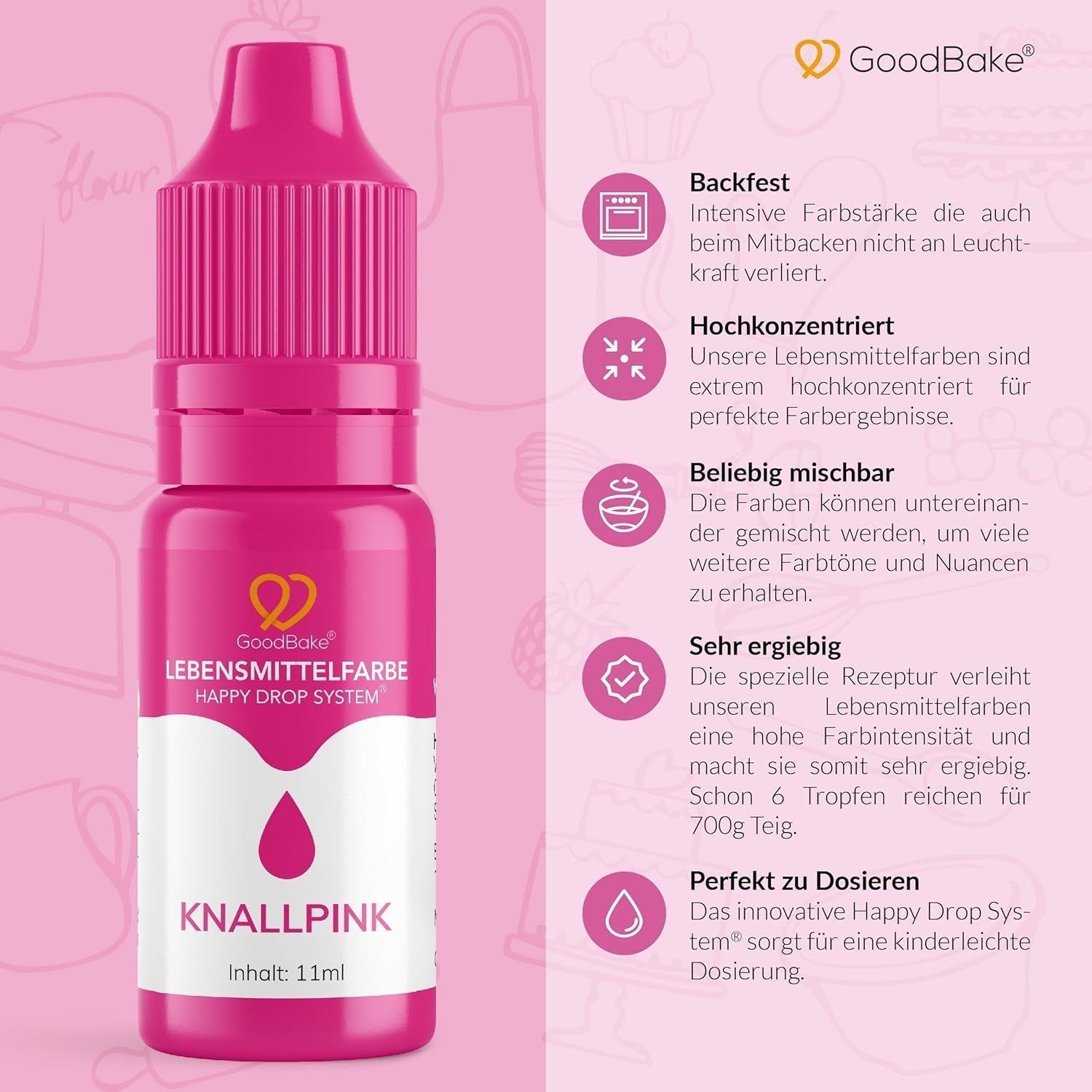 Goodbake Pink Food Coloring (11ml) - Intensiv matfärgning - Mycket koncentrerad färg - För färgning av kakor, fondant, smörkräm, drycker, slime och många andra föremål. 100% vegan