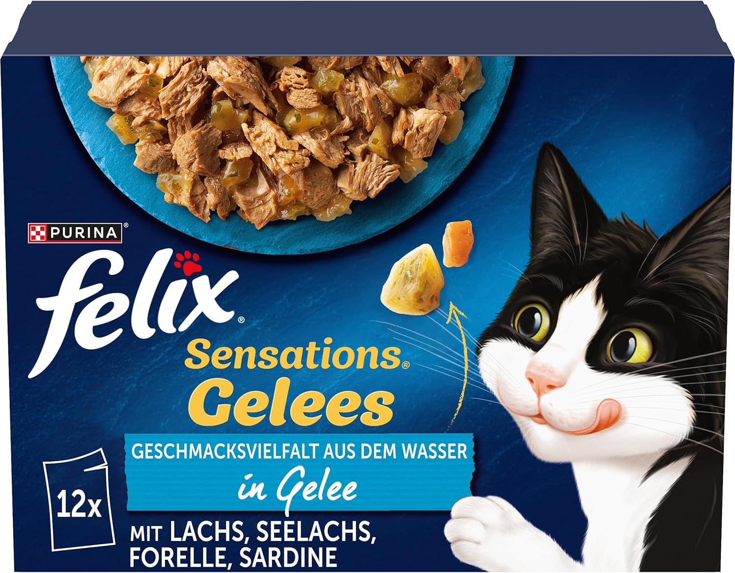 Felix Sensations Våt kattmat i gelé, blandad fiskblandning, 6 st (6 x 12 påsar à 85g vardera)