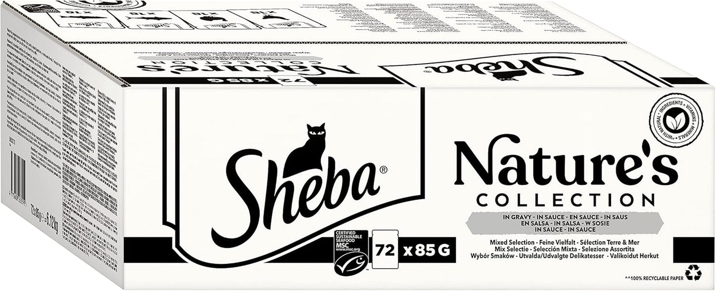 SHEBA Nature's Collection i Gravy - Högkvalitativt våtmat för katter, Fine Variety (MSC) i portionspåsar - 72 x 85 g