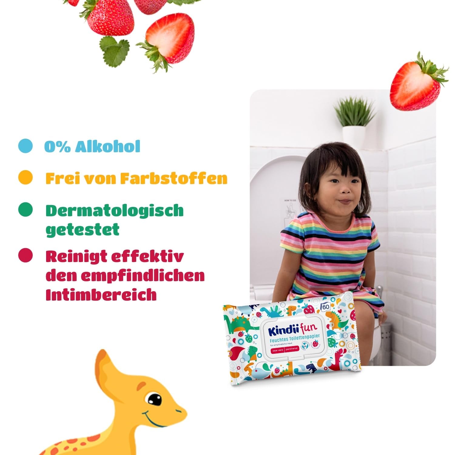 Kindii Fun Wet Toalettpapper - (10X60 stycken) Wet Toalettpapper - Kamomill, Aloe Vera, Ph-neutralt, Vattenbart, Fräschar upp det intima området - 600 stycken