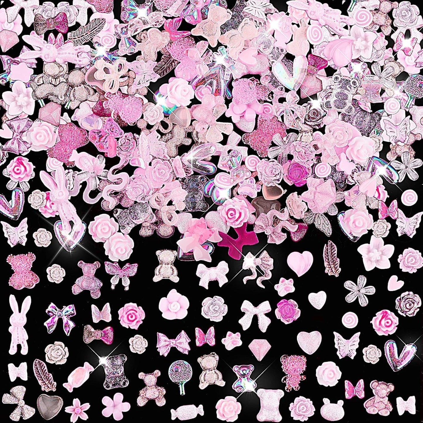 200 bitar Nail Art Charms 3D Nail Art dekorationsset Rosett Nagelhänge Rosa blandad stil Rosett Blomma Nalle Lollipop Hjärtaform Nagelkonstdekoration DIY Craft Nageldesign