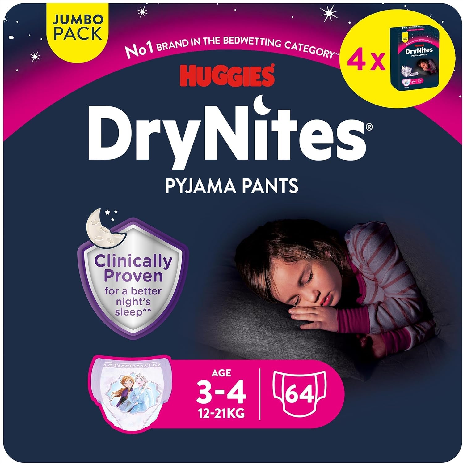 Huggies DryNites Superabsorberande nattblöjor för flickor 3-4 år (12-21 kg) 4 x 16 Count (64 Count totalt) Månatligt trosapaket