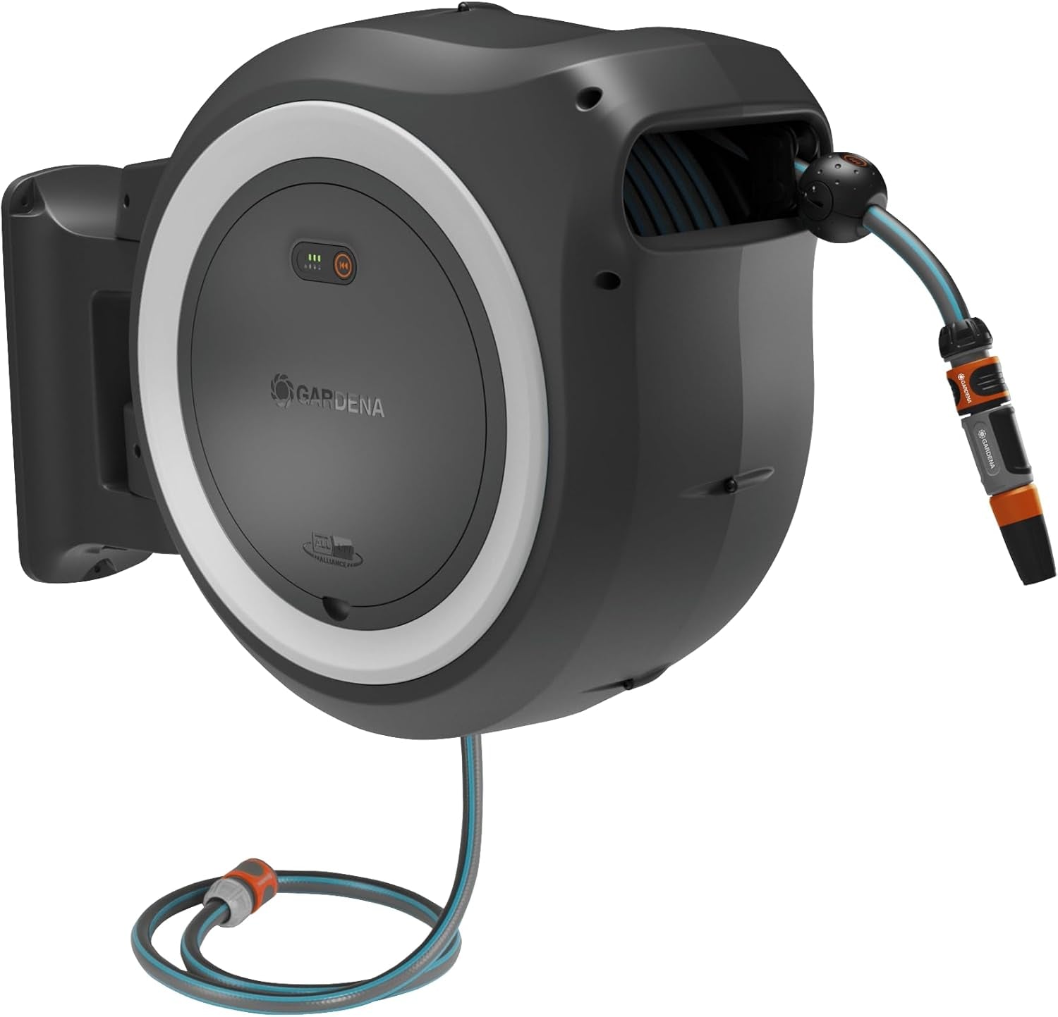 Gardena PowerRoll XXL Solo sladdlös väggslanglåda: Automatisk slangupprullare med 40 m trädgårdsslang, slangstyrning och RollControl, batteridriven, UV- och frostbeständig (18647-55)