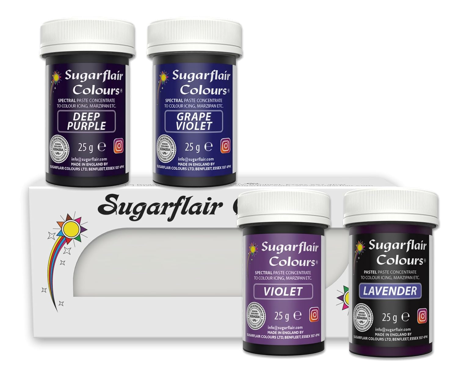 Sugarflair Pasta Matfärgning Lila Set med 4 Pasta Matfärg Fondant Marsipan Sockerpasta Smörkräm med mera: Lila, Lavendel, Grape Lila, Deep Purple - Set med 4