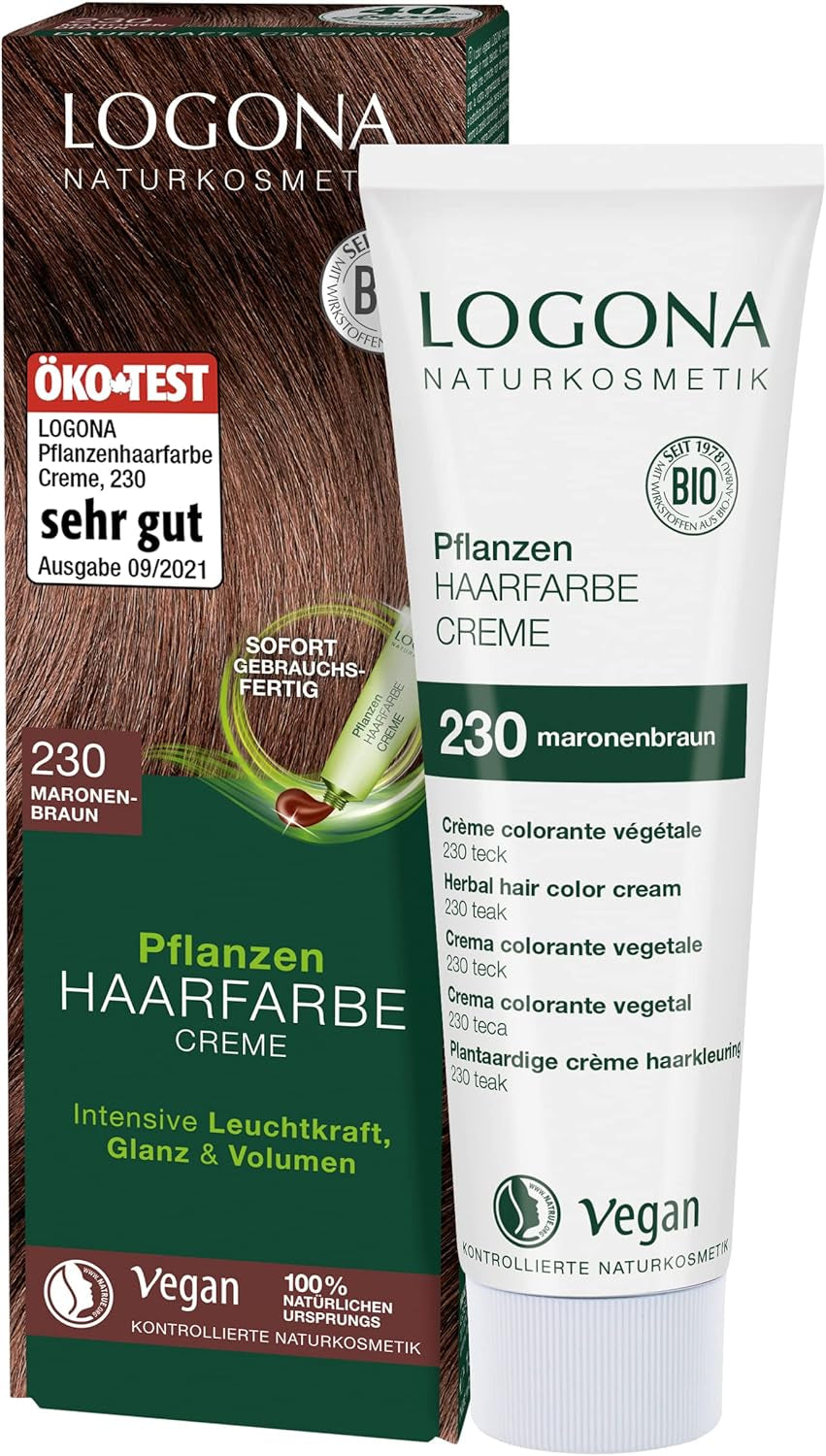 LOGONA Natural Cosmetics Plant Hair Color Cream 240 Nougat Brown, Naturlig färg för brunt hår med henna, färgande kräm för bruna toner, färgning för mörkt hår, 150ml Hårfärgning Naty Shop 230 kastanjebrun [tec]