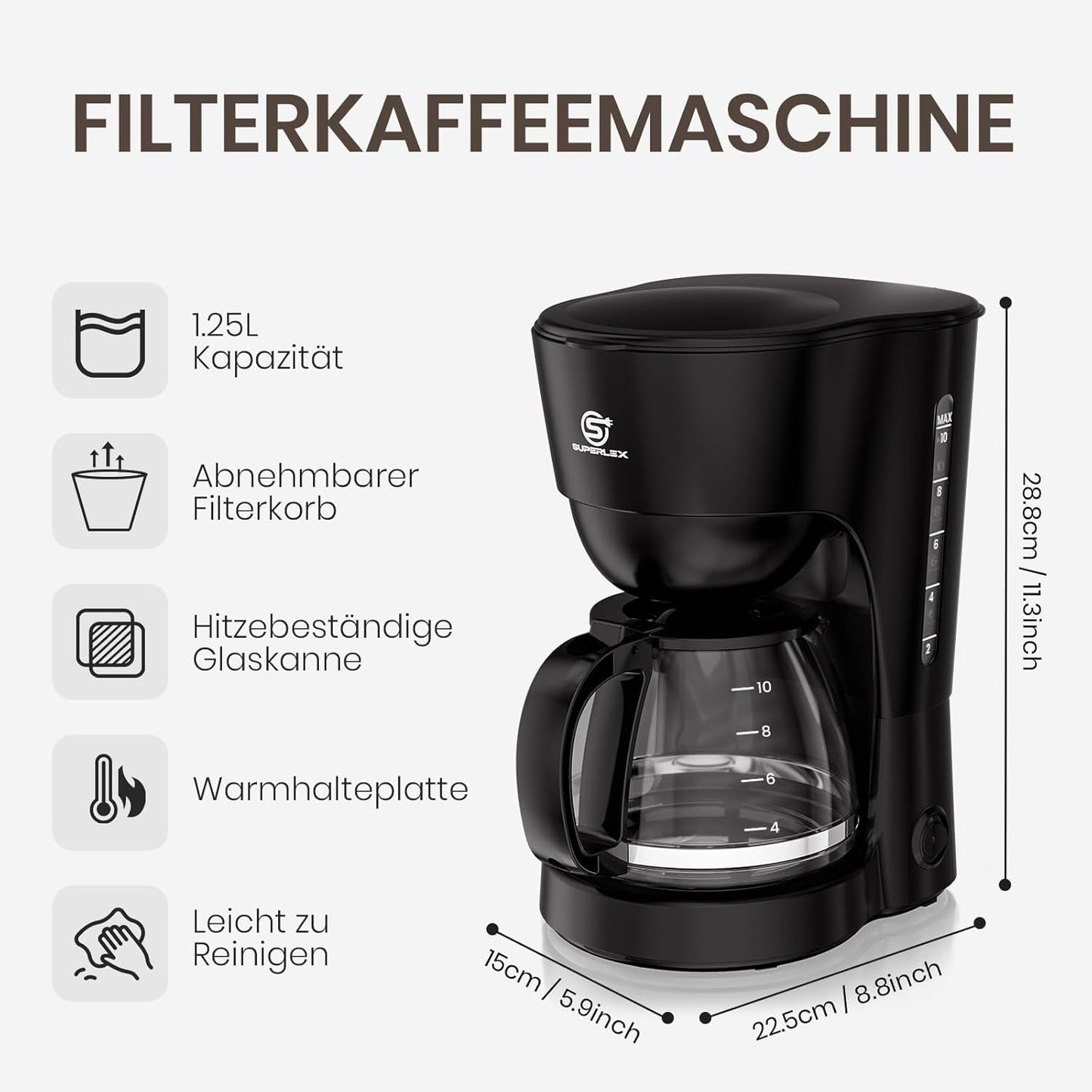 1,25L filterkaffebryggare för 10 koppar filterkaffe, diskmaskinssäker glaskaraff, termos, anti-droppsystem, automatisk avstängning, 600W, vattenfritt kokskydd för hem och kontor
