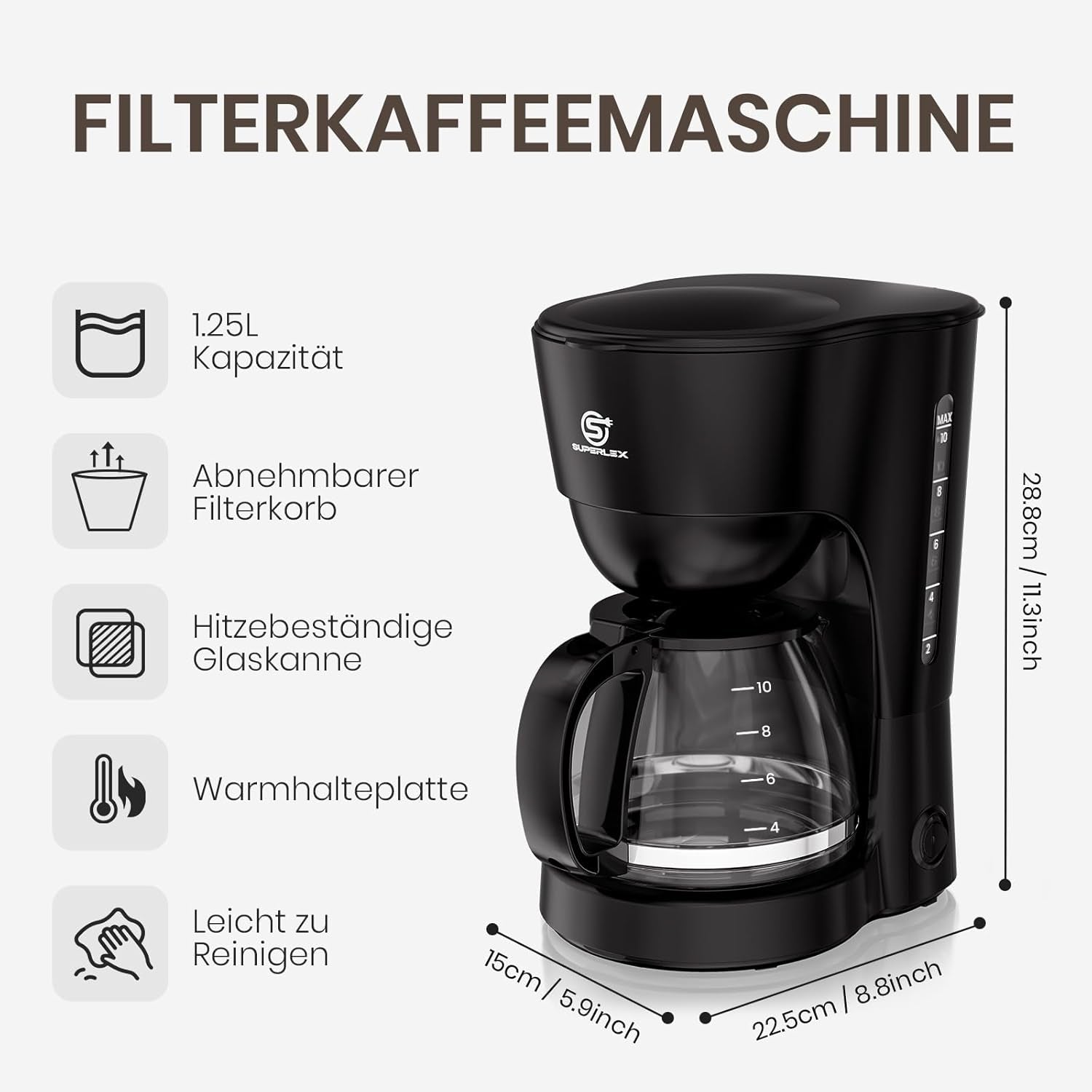 1,25L filterkaffebryggare för 10 koppar filterkaffe, diskmaskinssäker glaskaraff, termos, anti-droppsystem, automatisk avstängning, 600W, vattenfritt kokskydd för hem och kontor