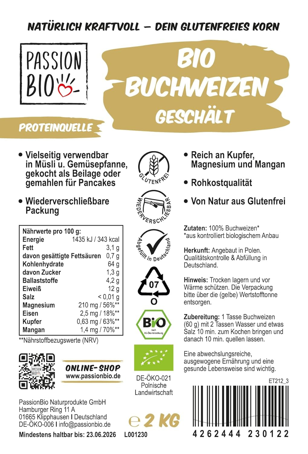 PassionBio ekologiskt bovete 2 kg - återförslutbar förpackning - rå matkvalitet