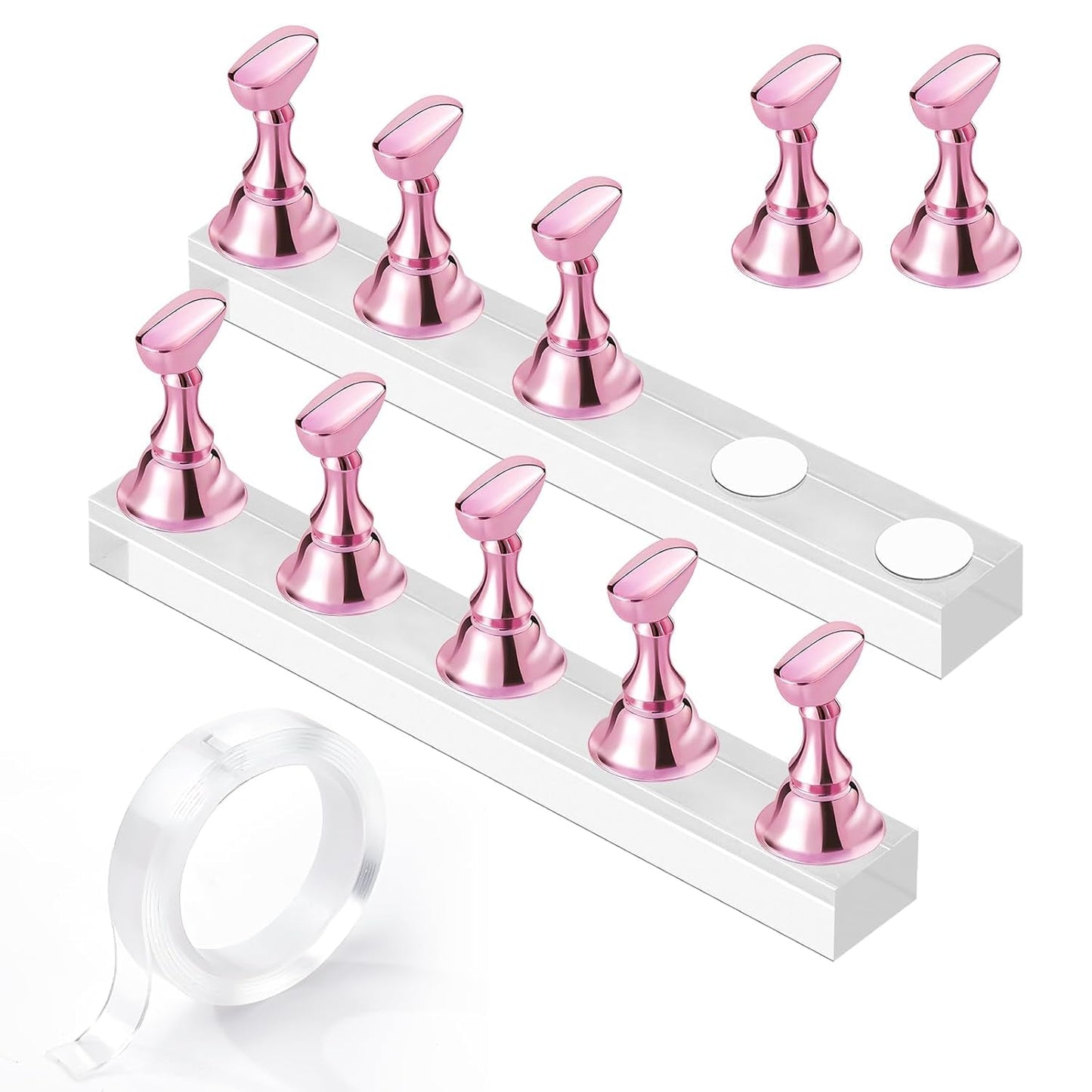 Makartt akryl nagelhållare, magnetisk nagelhållare, nagelhållare, transparent rosa nagelhållare med 48 självhäftande spackel