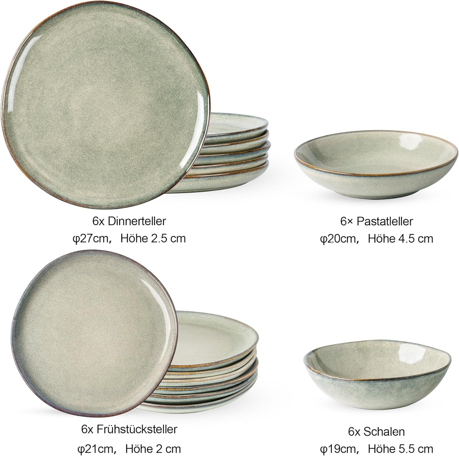 GBhome 6-personers keramiskt servisset 24-delat reaktiv glasyr Handgjord mikrovågsugn och diskmaskin Säker skål och tallrik Set Desret Sage GDW007GY-24P-EU