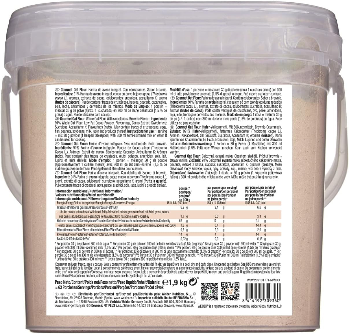 Weider Gourmet Oatmeal (1,9 kg) browniesmak. Fullkorns havregryn. Proteinkälla med låg sockerhalt.
