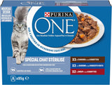 PURINA ONE | BIFENSIS | Mat för steriliserade vuxna katter | Stödjer kattens vitalitet, ben, muskler och leder | I sås | Påsar med anka, sardiner, nötkött, färskhet | 1 stycke (8 x 85 g)