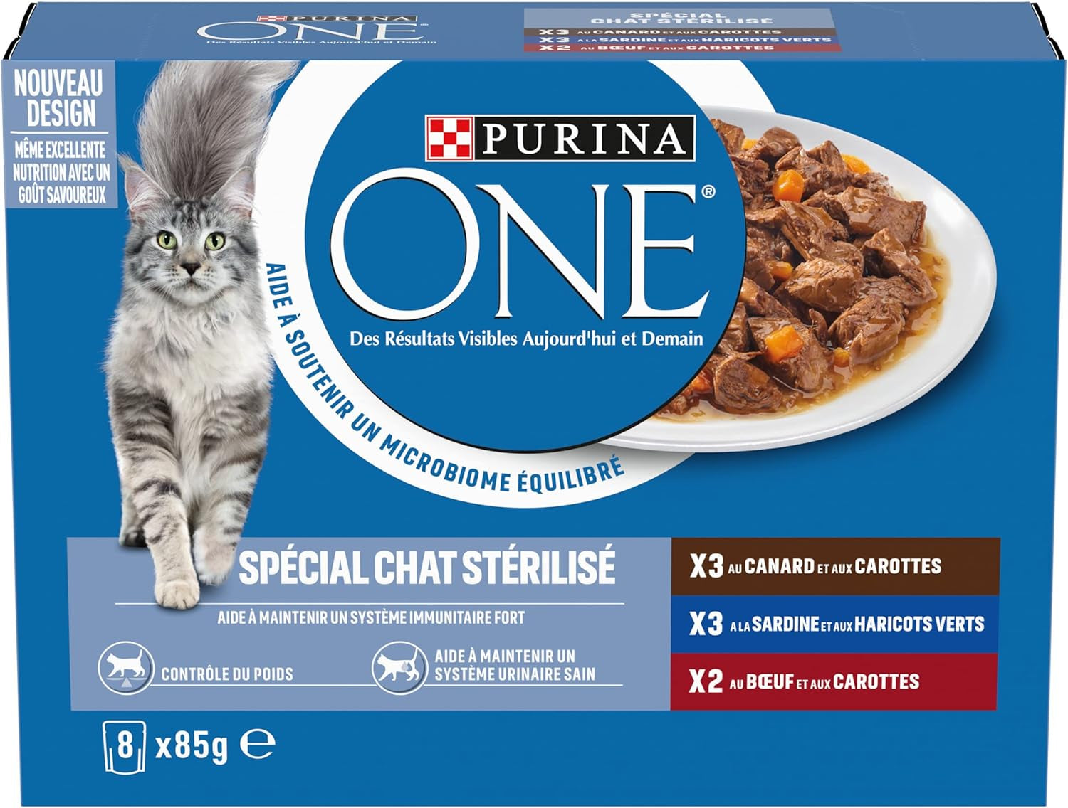 PURINA ONE | BIFENSIS | Mat för steriliserade vuxna katter | Stödjer kattens vitalitet, ben, muskler och leder | I sås | Påsar med anka, sardiner, nötkött, färskhet | 1 stycke (8 x 85 g)