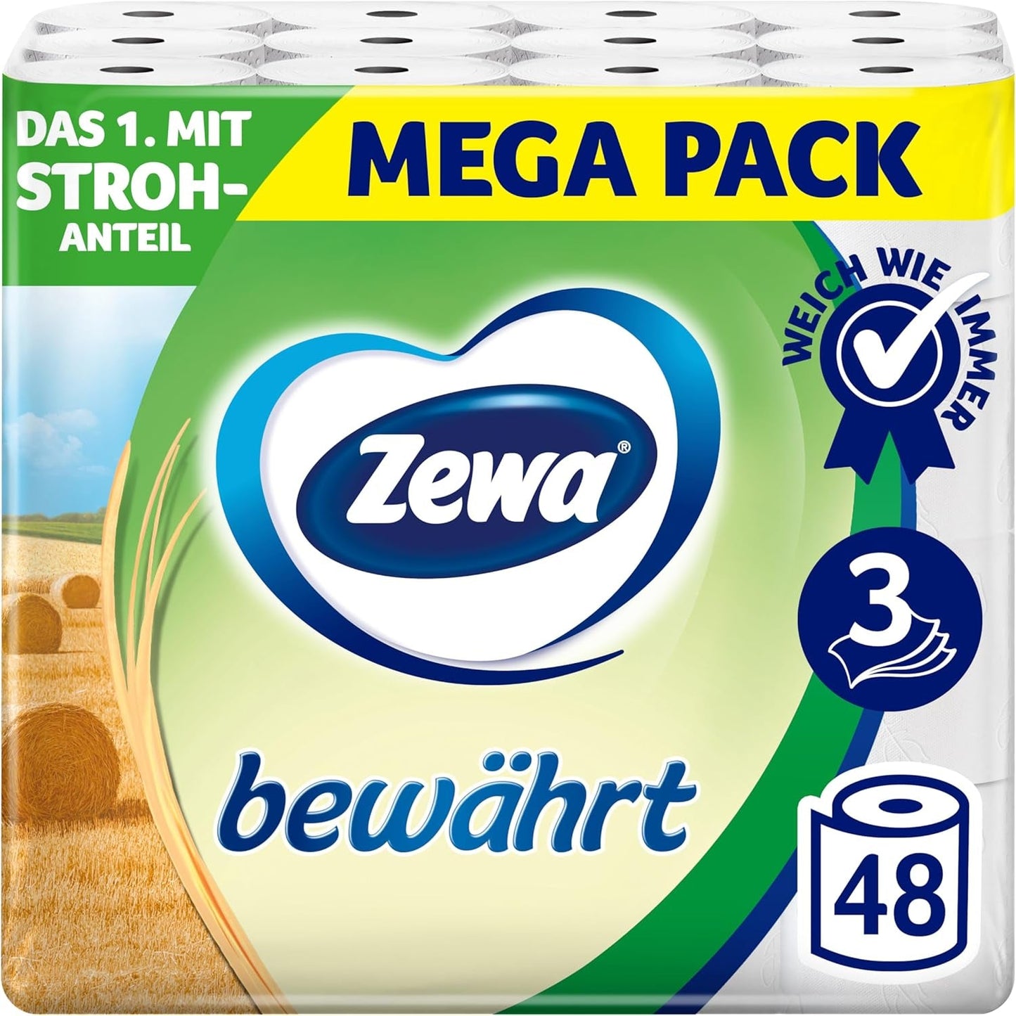 Zewa Proven - 48 rullar - Det första toalettpappret med halminnehåll - 3 lager