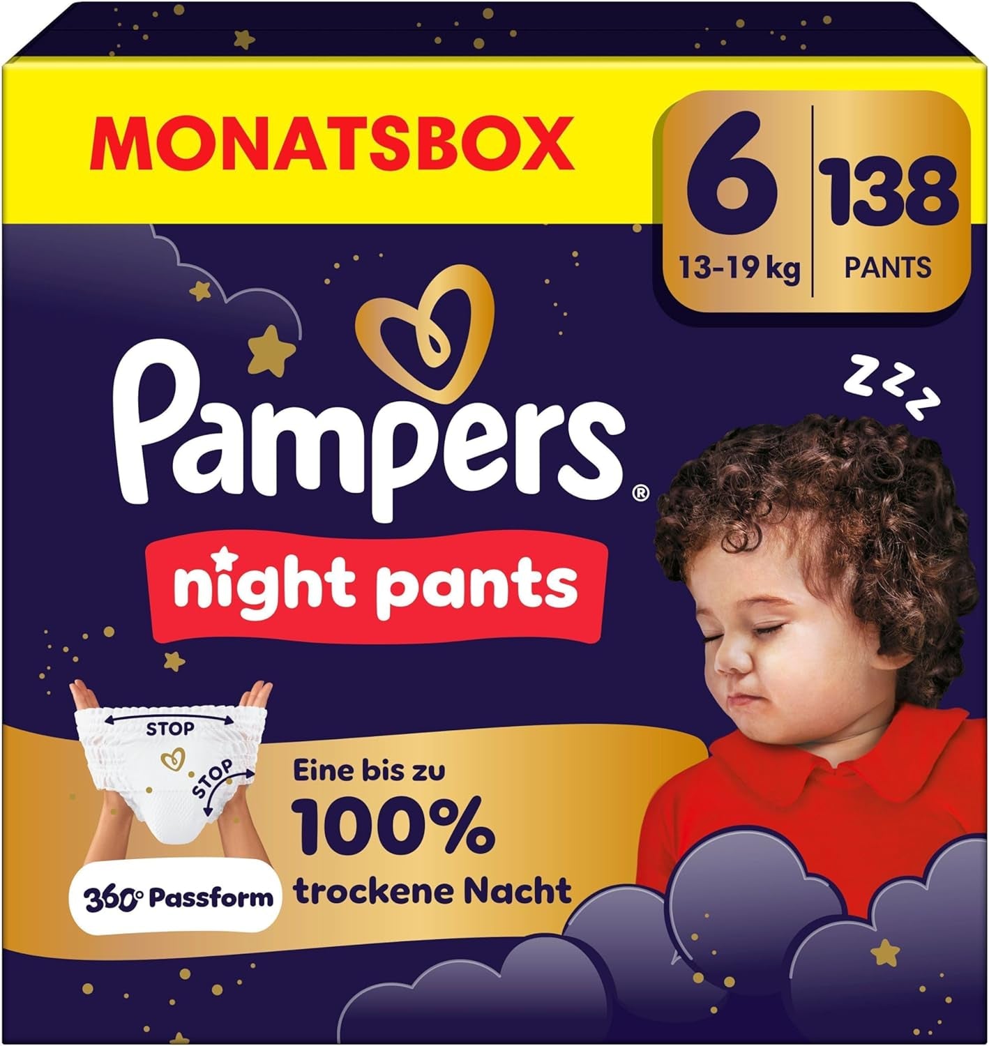 Pampers Night Pants storlek 6 blöjor, 138 stycken, 13kg-19kg, ger extra skydd hela natten.